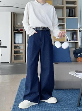 春夏时髦复古丹宁深蓝原色牛仔裤男生cleanfit微喇阔腿拖地长裤子