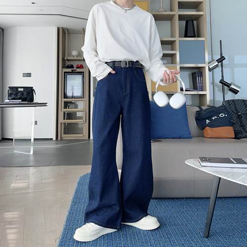 深蓝原色牛仔裤cleanfit微喇长裤