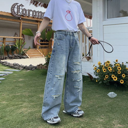 火猫须街头感牛仔裤潮牌破洞裤子