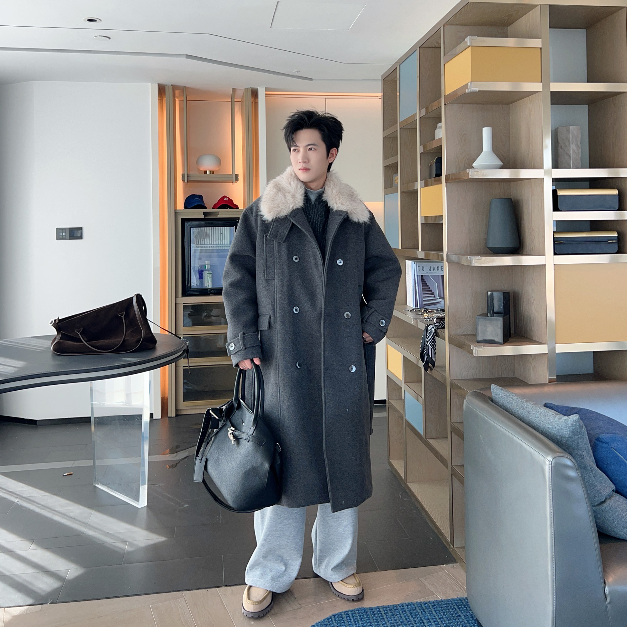 冬季阳离子加厚座山雕毛呢大衣男