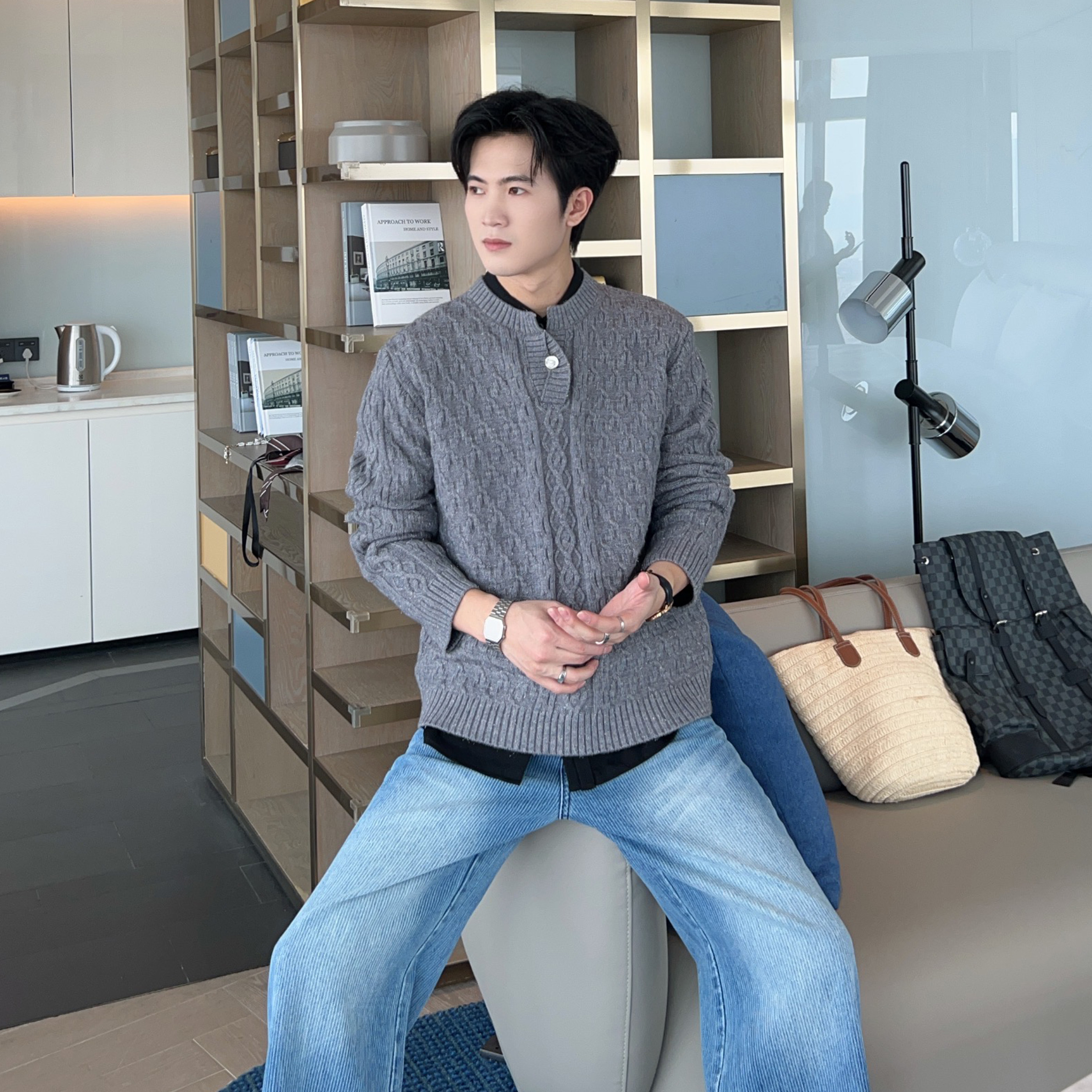 秋冬珍珠扣银丝设计厚款套头慵懒风麻花针织衫男款时髦感宽松毛衣