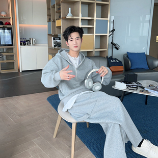 春秋半拉链假两件连帽卫衣男款高级感套装运动休闲一套搭配两件套