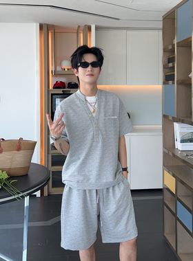夏季ootd穿搭提花假两件小立领短袖短裤套装男宽松休闲运动两件套