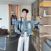 街头休闲痞帅风夹克 外套男款 美式 复古格纹拼接假两件水洗牛仔衬衫