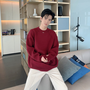 圣诞安可拉红色毛衣男女情侣套头衫 秋冬韩版 百搭圆领抗起球针织衫