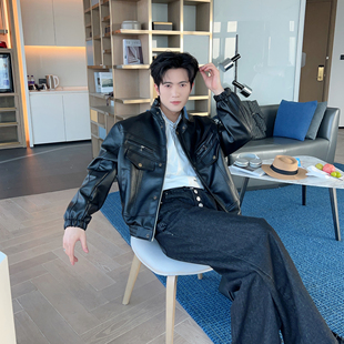 春秋黑色机车风皮衣男款 痞帅立领百搭上衣高级感pu皮夹克 潮流短款