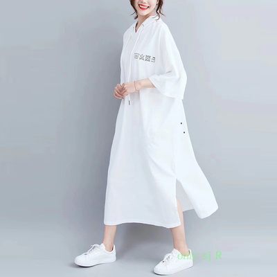 S+JL studio2022春夏款长款连帽卫衣裙女七分袖大码女装宽松长裙