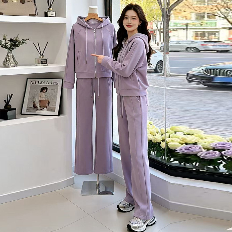 紫色连帽卫衣套装女春秋时尚休闲运动两件套减龄炸街