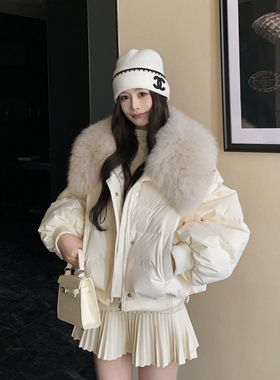 3MER哦哦三妹 大毛领白色90白鸭绒羽绒服女冬季保暖加厚短款外套