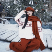 3MER哦哦三妹费尔岛圣诞提花圆领毛衣女秋冬季 慵懒套头针织衫 上衣