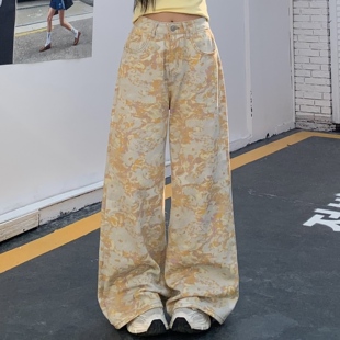 3MER哦哦三妹黄色扎染印花牛仔裤女宽松直筒花色迷彩拖地阔腿裤子