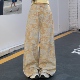 3MER哦哦三妹黄色扎染印花牛仔裤 女宽松直筒花色迷彩拖地阔腿裤 子