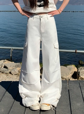 3MER哦哦三妹白色工装裤子女2026春夏新款酷飒百搭直筒阔腿牛仔裤
