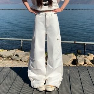3MER哦哦三妹白色工装裤子女2026春夏新款酷飒百搭直筒阔腿牛仔裤