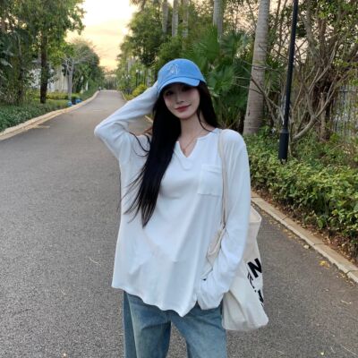 3MERv领口袋长袖T恤女