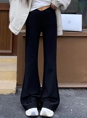 3MER哦哦三妹黑色微喇叭裤子女中腰显瘦弹力紧身马蹄裤休闲裤拖地