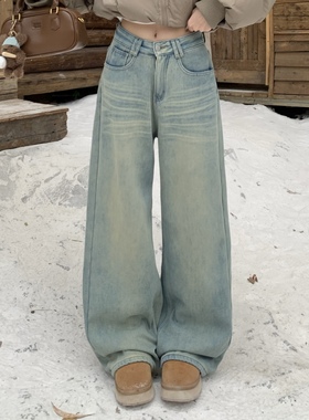 3MER哦哦三妹 浅蓝色复古做旧厚绒直筒牛仔裤女冬季拖地阔腿裤子