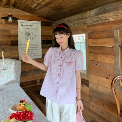3MER甜美韩系条纹短袖衬衫