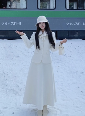 3MER哦哦三妹 千金风毛呢外套高腰a字半身裙套装女法式气质两件套