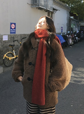 3MER哦哦三妹棕色羊羔毛皮毛一体连帽外套女冬复古慵懒风加厚大衣