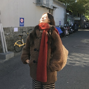 3MER哦哦三妹棕色羊羔毛皮毛一体连帽外套女冬复古慵懒风加厚大衣