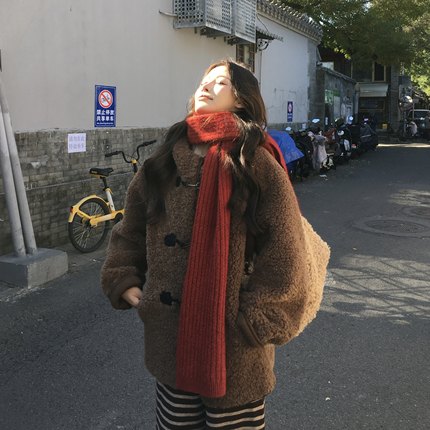 3MER哦哦三妹棕色羊羔毛皮毛一体连帽外套女冬复古慵懒风加厚大衣