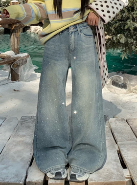 3MER哦哦三妹 浅蓝色烫钻爆闪加绒直筒牛仔裤女冬季拖地阔腿裤子