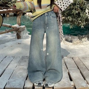3MER哦哦三妹 浅蓝色烫钻爆闪加绒直筒牛仔裤女冬季拖地阔腿裤子