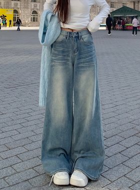 3MER哦哦三妹浅蓝色加绒阔腿牛仔裤女秋冬季宽松显瘦垂感拖地裤子