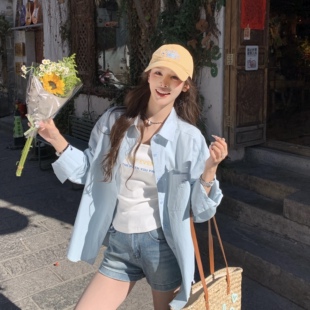 女春夏款 衬衫 休闲宽松防晒衬衣 轻氧马卡龙蓝色长袖 3MER哦哦三妹