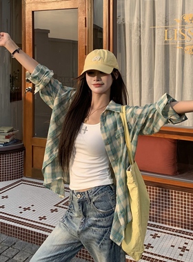 3MER哦哦三妹 绿色慵懒格子长袖衬衫女夏季复古防晒衬衣外搭上衣