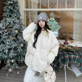 3MER哦哦三妹拼接撞色肌理感棉服女宽松2024冬季 新款 面包服外套