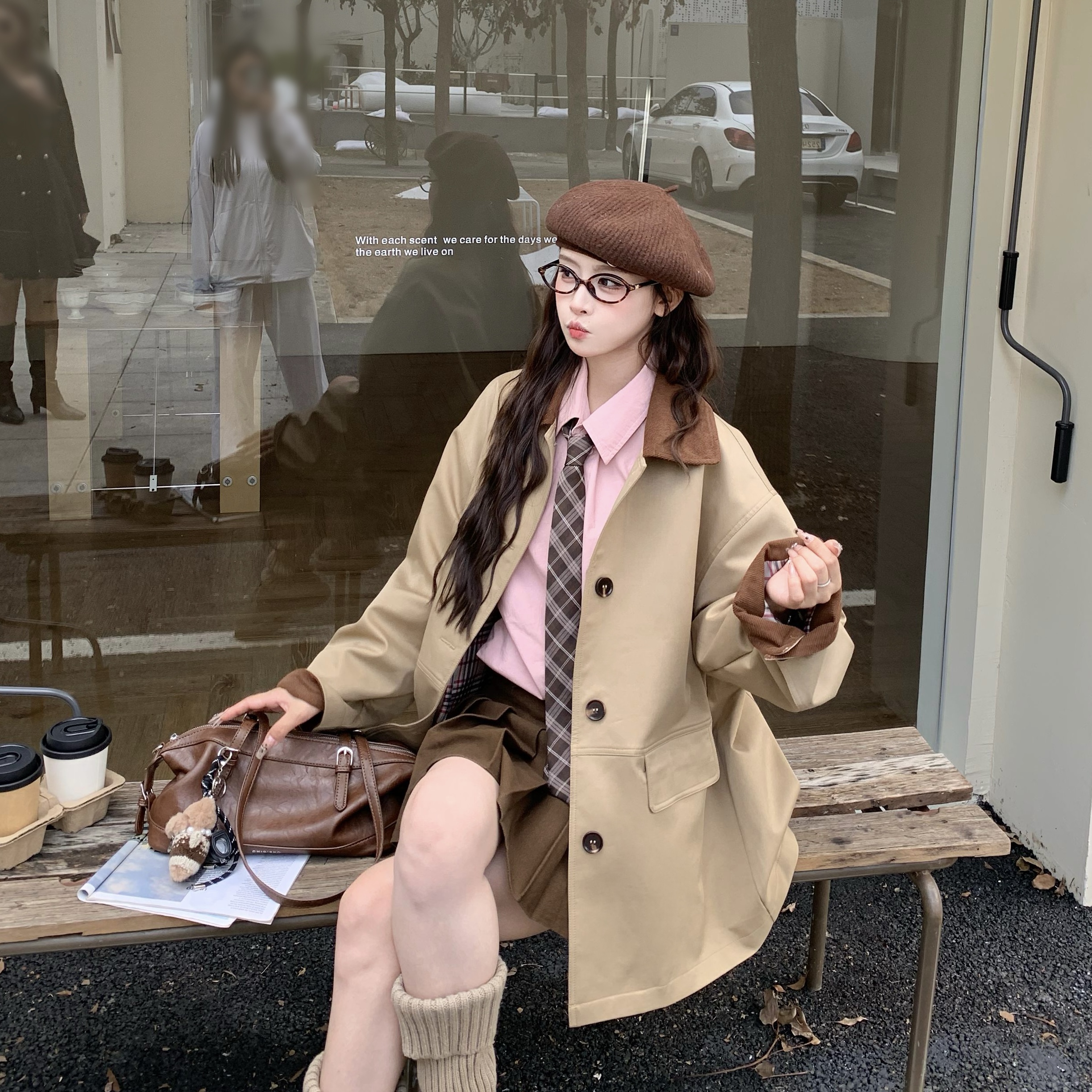 3MER韩女拼色英伦气质风衣外套