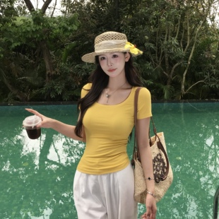 3MER哦哦三妹 黄色正肩方圆领短袖T恤女夏季内搭修身显瘦百搭上衣