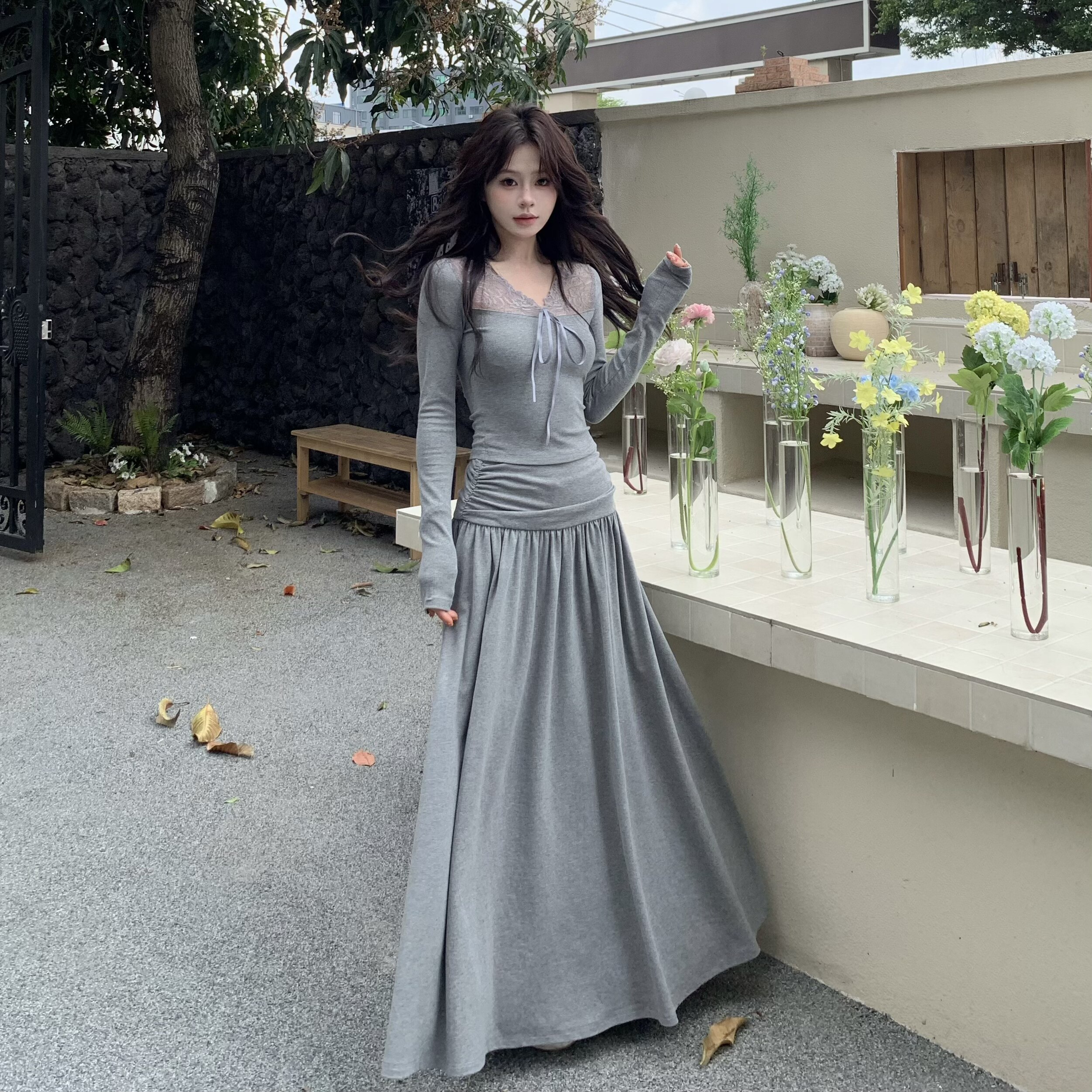 3MER哦哦三妹 法式纯欲蕾丝拼接T恤上衣女春显瘦半身裙两件套套装