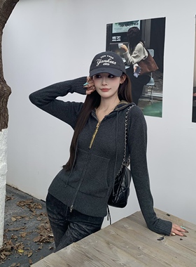 3MER哦哦三妹美式复古毛衣开衫外套女秋冬新款修身显瘦连帽针织衫