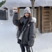 美式 3MER哦哦三妹毛领连帽棉服外套女冬季 新款 复古保暖加厚派克服