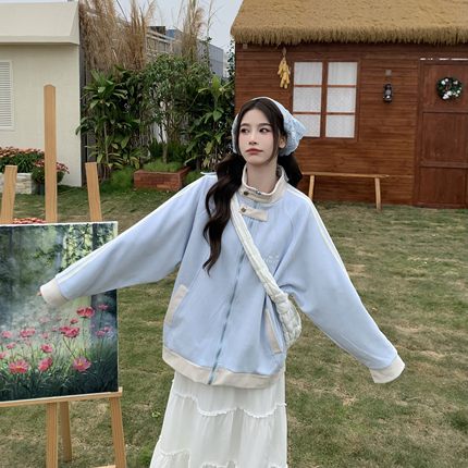 3MER哦哦三妹美式麂皮绒拼接立领外套女秋冬季宽松休闲夹克棒球服