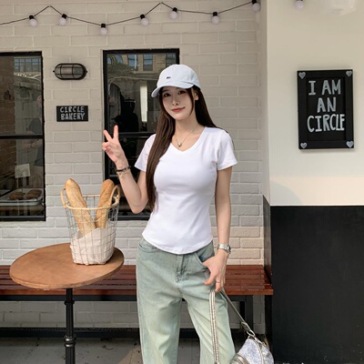 凉感V领纯欲辣妹短袖t恤女薄