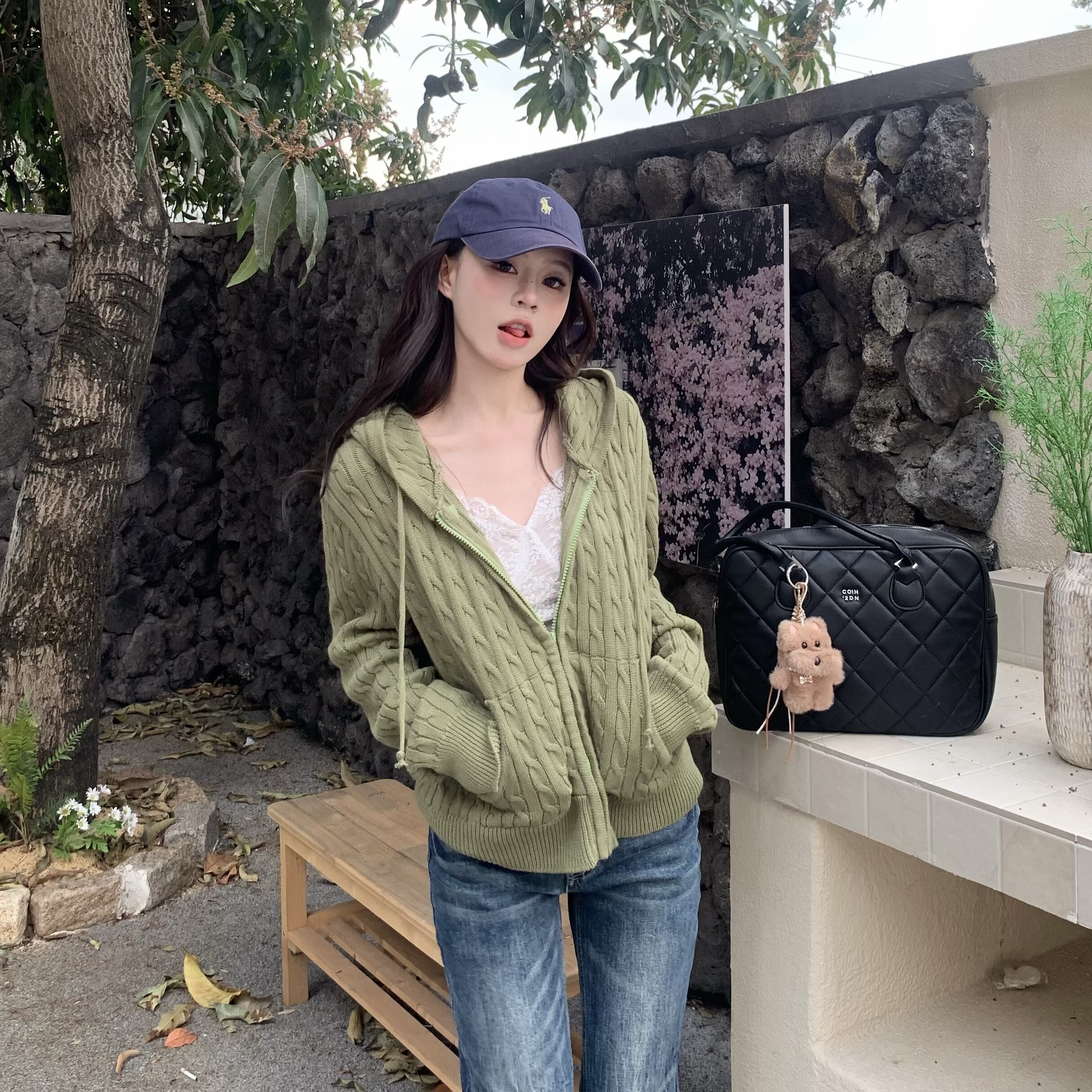 3MER哦哦三妹慵懒风复古连帽麻花针织开衫女春季宽松拉链毛衣外套