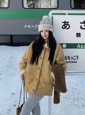 3MER哦哦三妹韩系皮毛一体羊羔毛夹克外套女冬季保暖麂皮翻领大衣