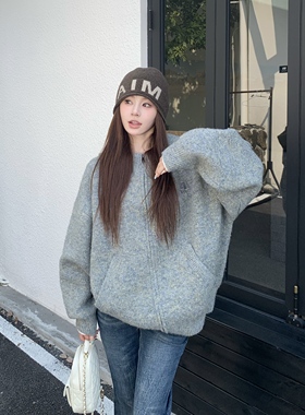3MER哦哦三妹学院风百搭针织连帽开衫女幻彩仿马海毛慵懒毛衣外套