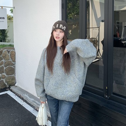 3MER哦哦三妹学院风百搭针织连帽开衫女幻彩仿马海毛慵懒毛衣外套