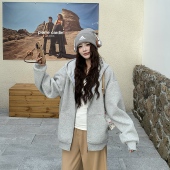 3MER哦哦三妹灰色重磅拉链连帽卫衣女秋新款 慵懒宽松休闲开衫 外套