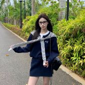 3MER哦哦三妹韩系穿搭一整套拼接撞色卫衣套装 女半身裙短裙两件套