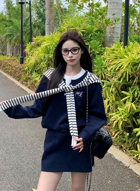 3MER哦哦三妹韩系穿搭一整套拼接撞色卫衣套装女半身裙短裙两件套