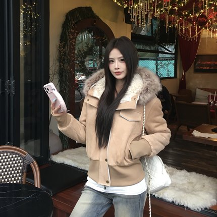 3MER哦哦三妹复古棕色仿麂皮毛领连帽毛绒绒外套女冬加厚保暖夹克