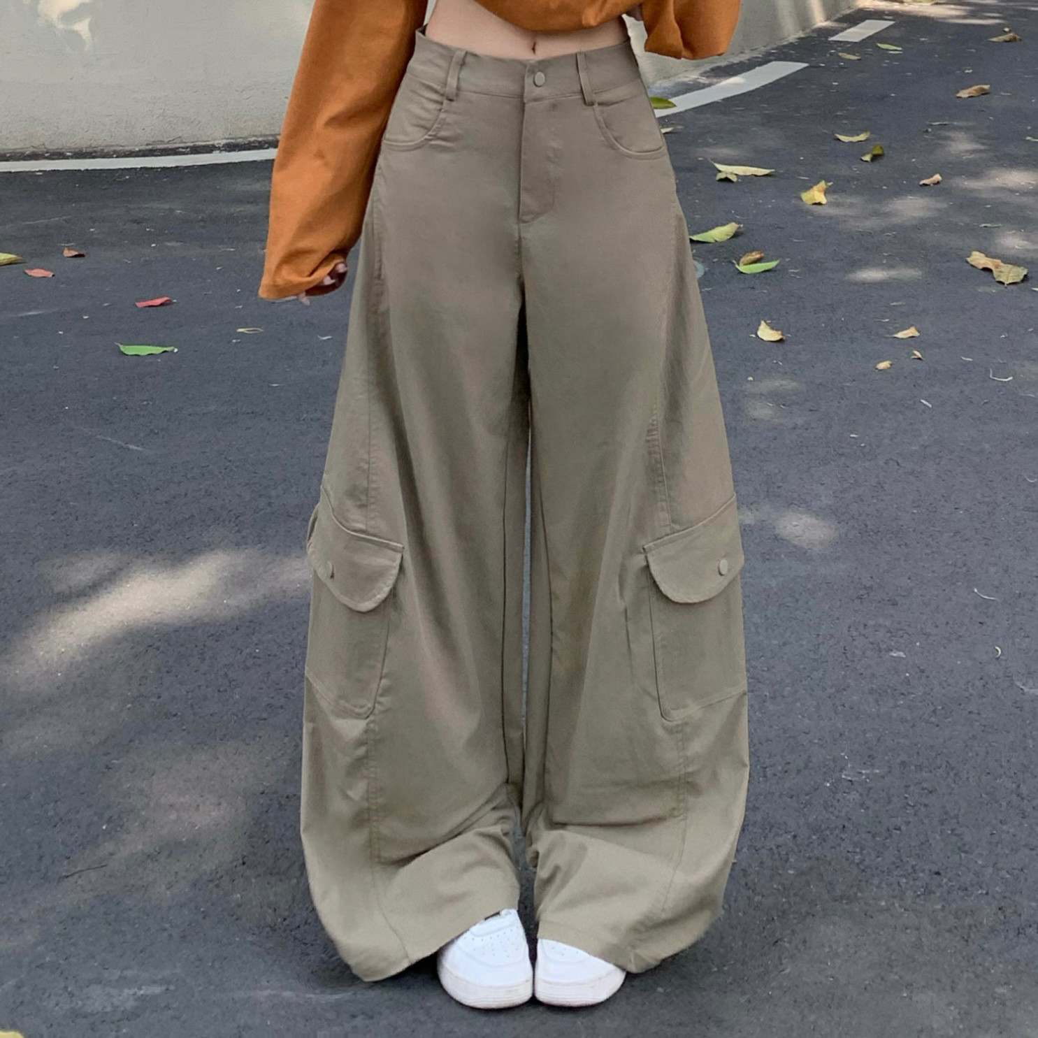 3MER哦哦三妹 美式复古卡其色阔腿工装裤女宽松显瘦直筒休闲裤子