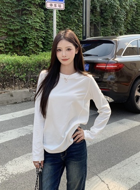 3MER哦哦三妹 白色正肩打底衫女秋冬宽松内搭圆领长袖T恤休闲上衣