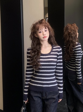 3MER哦哦三妹韩系学院条纹麻花针织内搭打底衫女秋冬长袖修身上衣